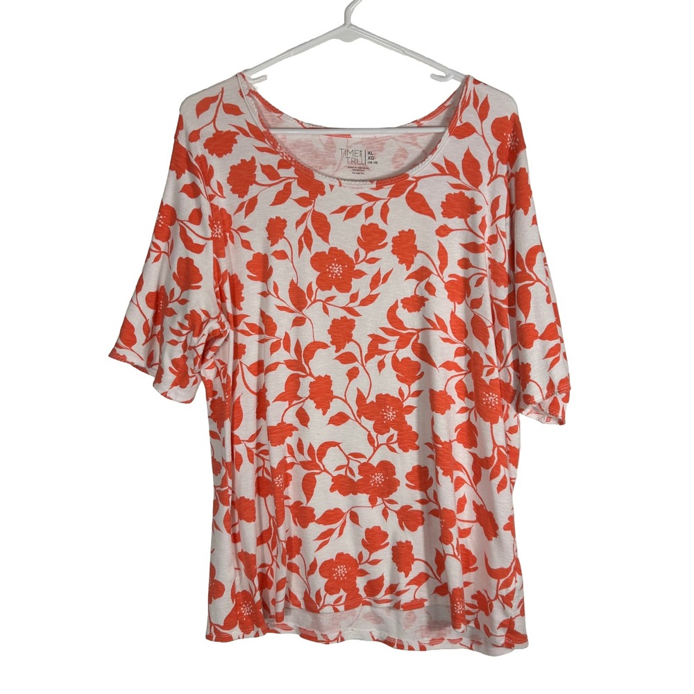 Time and Tru Womens XL Coral Orange White Floral Cotton Modal Scoop Neck Top